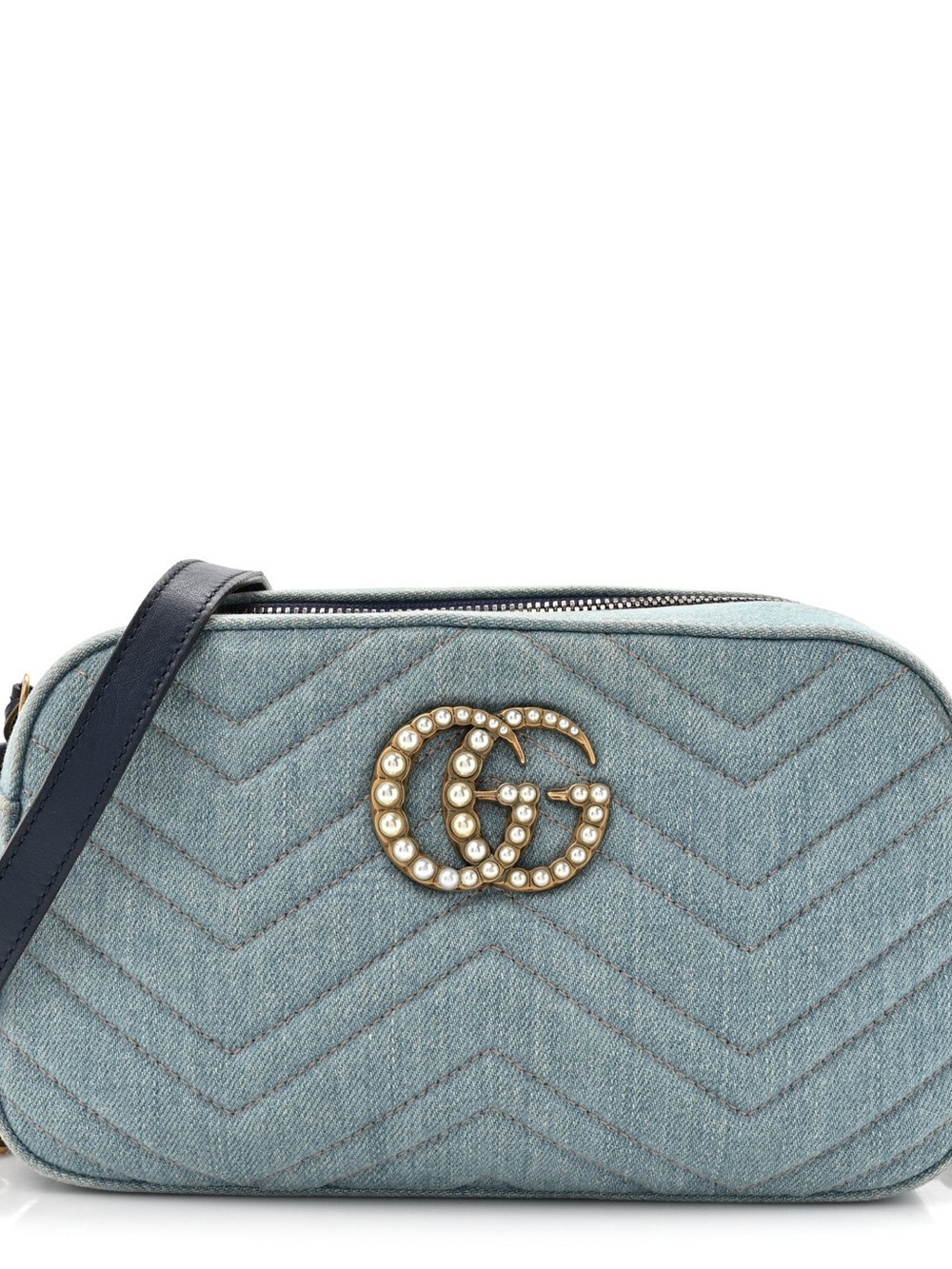 Denim Matelasse Pearly GG Marmont Chain Shoulder Bag Blue